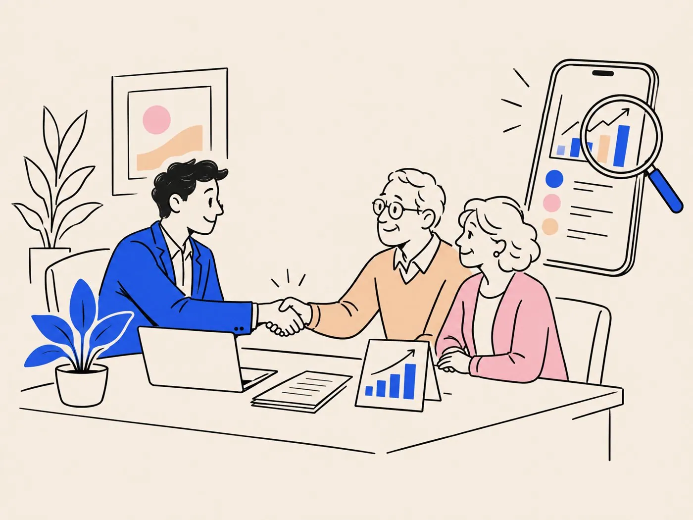 A financial advisor shaking hands with a retired couple across a desk while a phone with a magnifying glass floats beside them