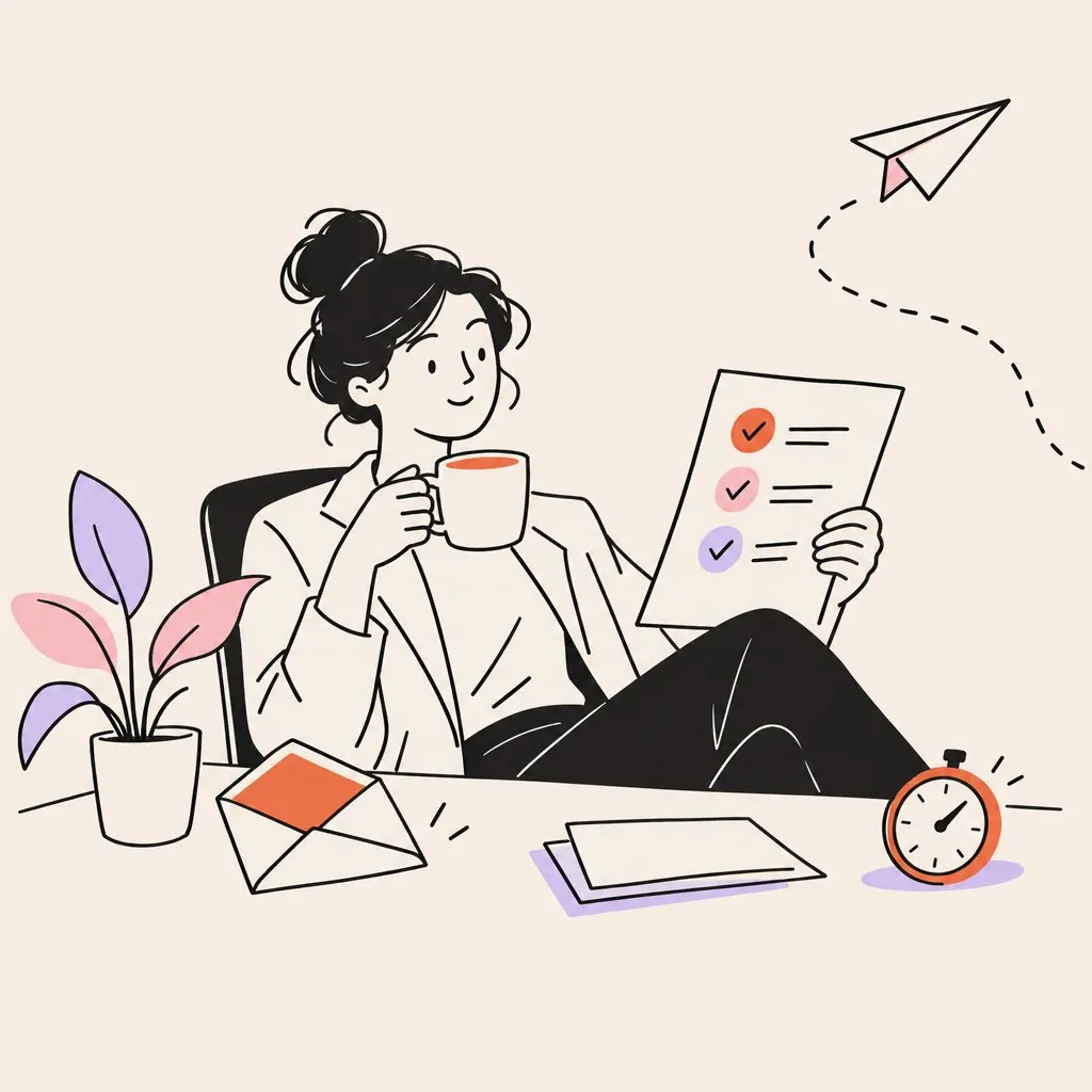 An advisor with a coffee reading a short report with checkmarks, an open envelope and a stopwatch on the desk