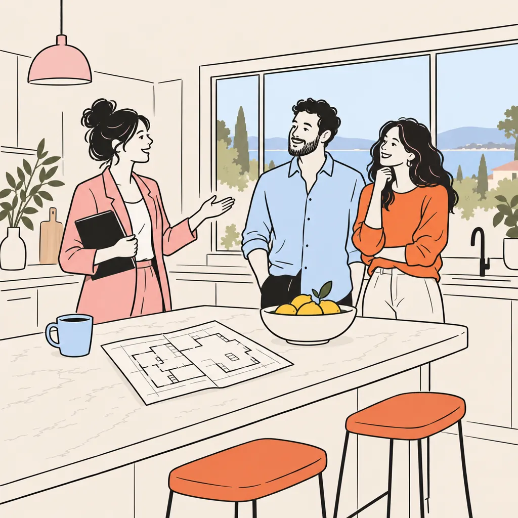An agent at an open-house kitchen island answering questions from a homeowner couple