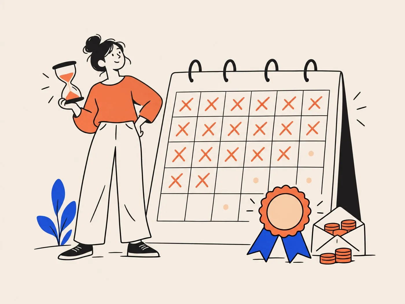 A woman holding an hourglass beside a wall calendar with most days crossed off
