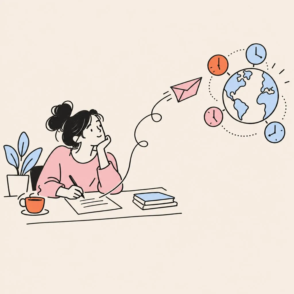 A woman writing a letter at her desk as a paper plane flies toward a globe ringed with clocks in different time zones