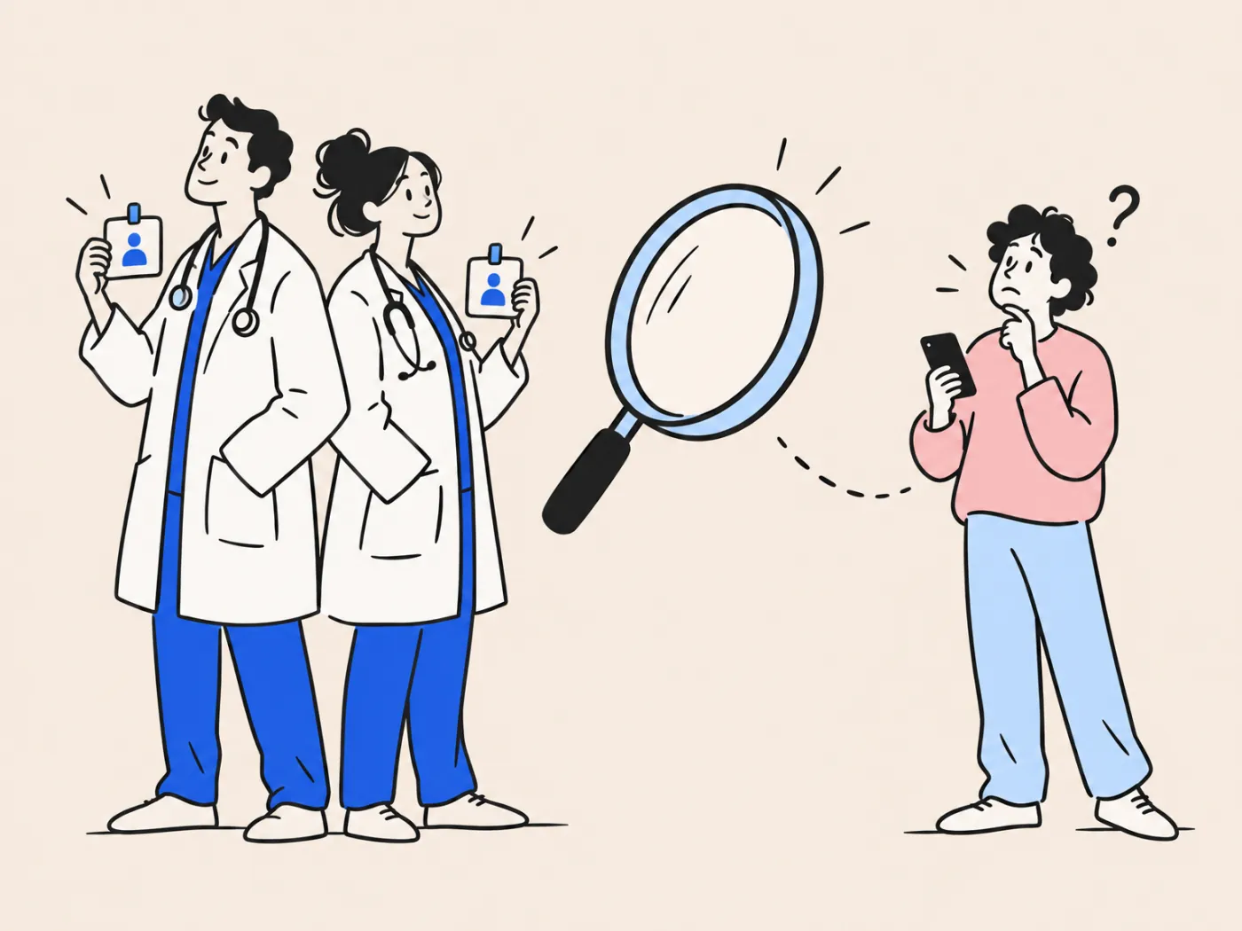 Two doctors back to back holding identical name badges while a patient with a phone looks puzzled under a large magnifying glass