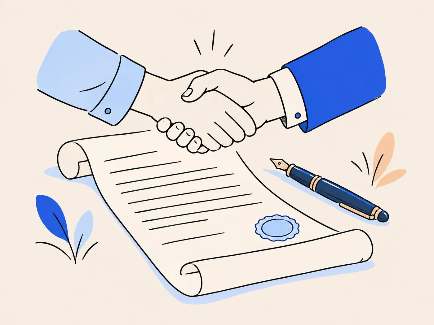 Two hands shaking over a long scroll agreement, with a fountain pen and a wax seal beside it
