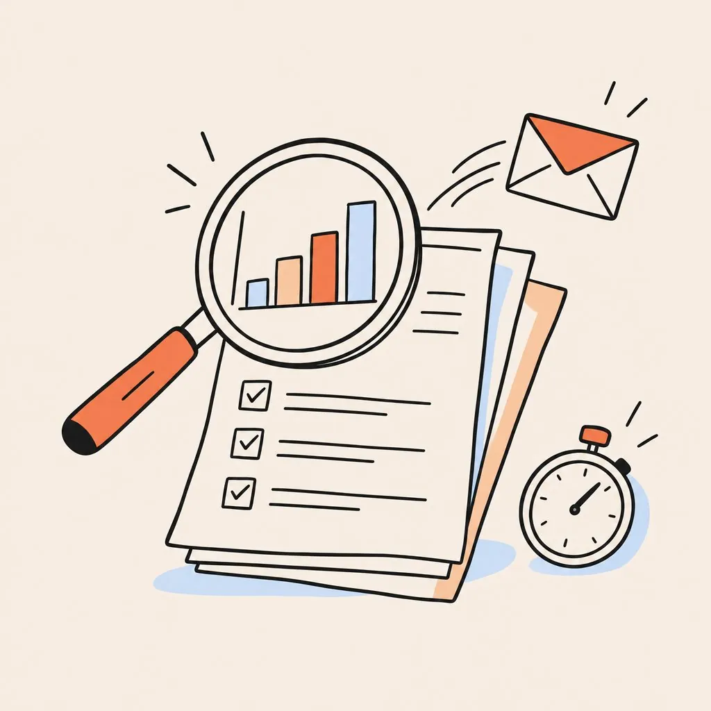 A magnifying glass over a checked report, with an envelope flying out and a stopwatch beside it