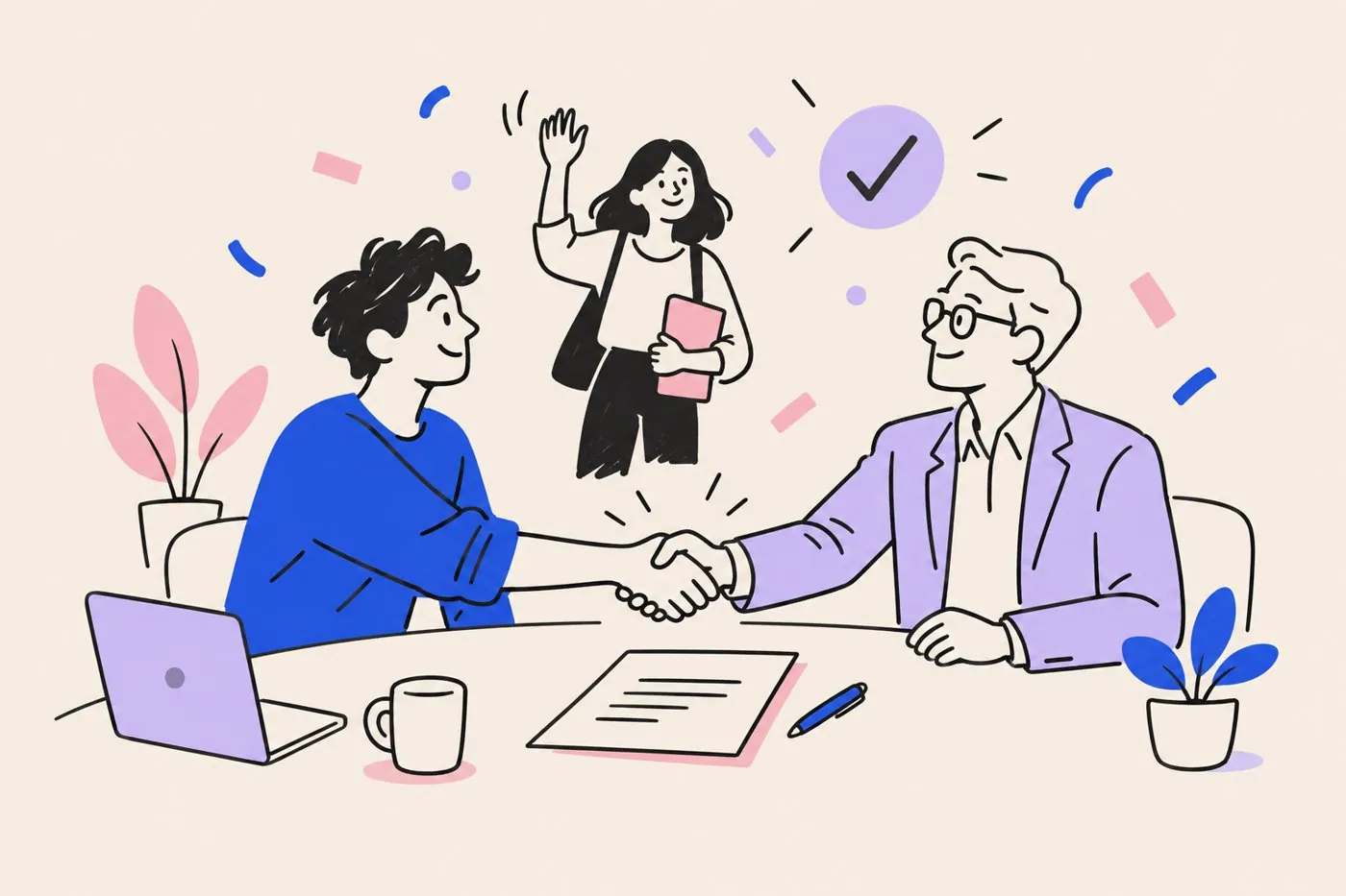 A founder and an investor shaking hands over a term sheet while a new hire waves hello in the background