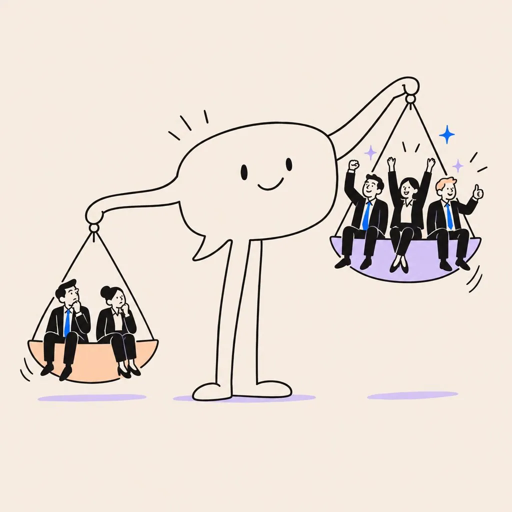 A friendly chat bubble holding a scale, lifting three lawyers up while two others sit lower