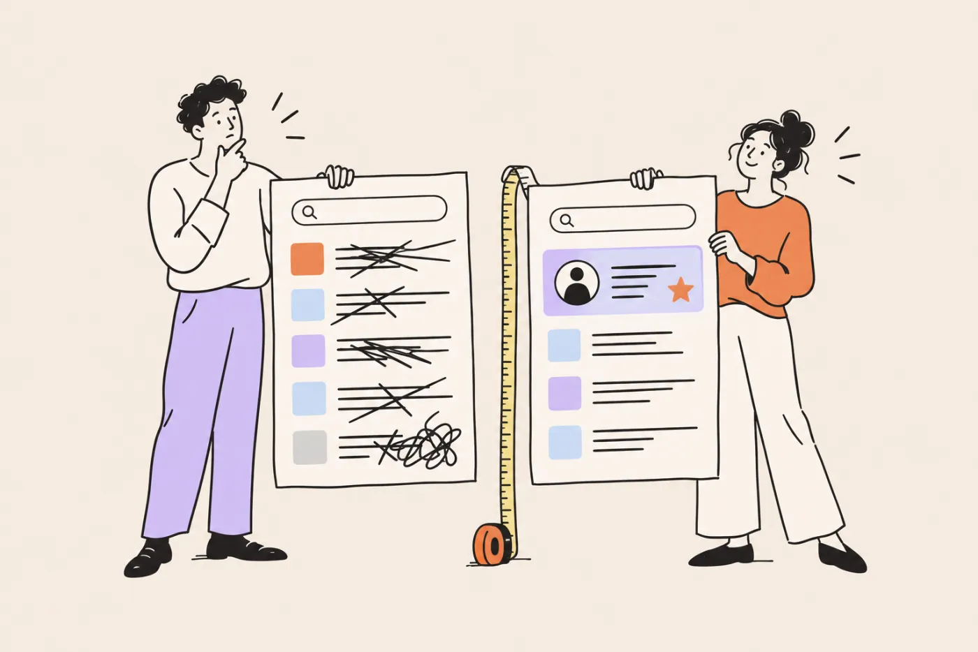Two professionals holding up search result pages side by side, one crossed out and messy, the other tidy with a profile card, a tape measure between them
