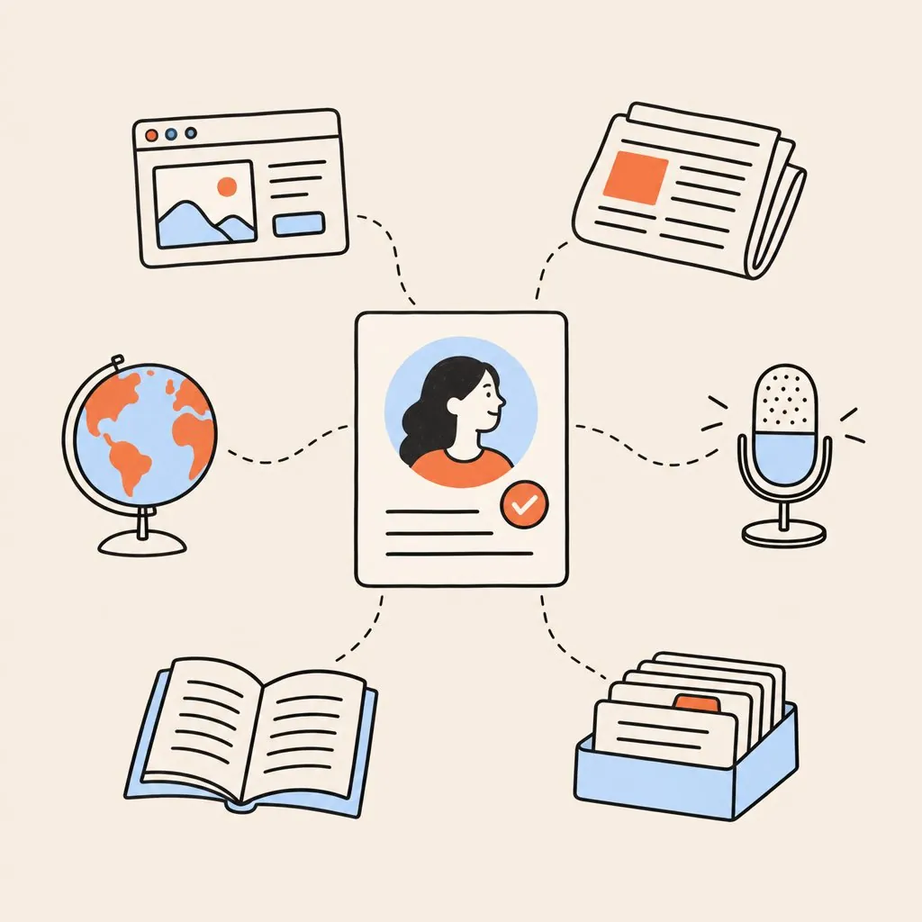 A profile card connected to a website, newspaper, microphone, directory, book and globe
