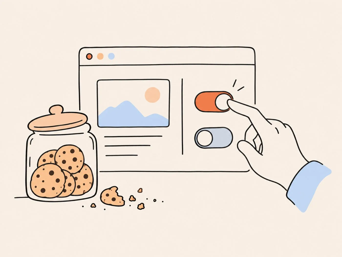 A hand flipping a toggle switch next to a glass jar of cookies