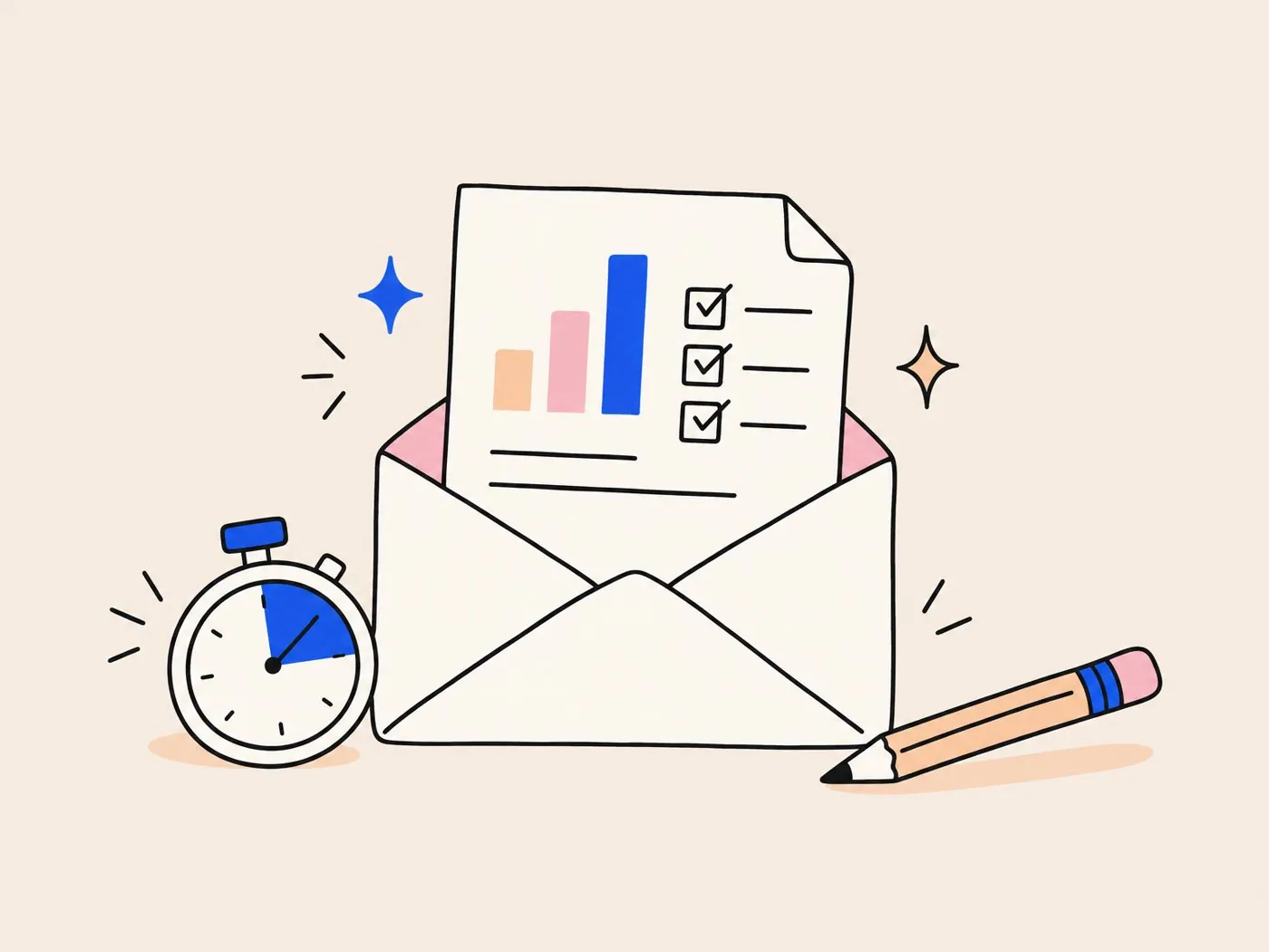 An envelope with a short report sliding out, a stopwatch and a pencil beside it