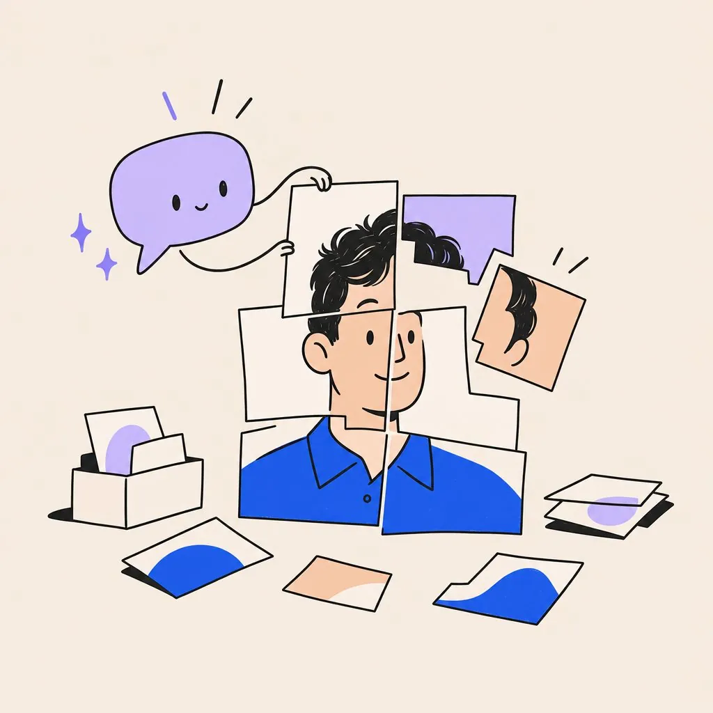A chat bubble assembling a founder's portrait from puzzle pieces, with one piece out of place