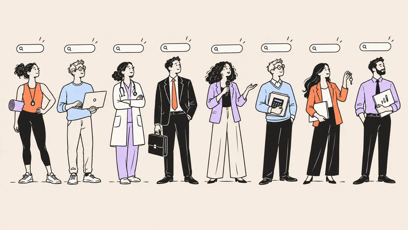 Eight professionals standing in a row, a coach, a founder, a doctor, a lawyer, a speaker, an accountant, an agent and an advisor, each with a search bar above their head