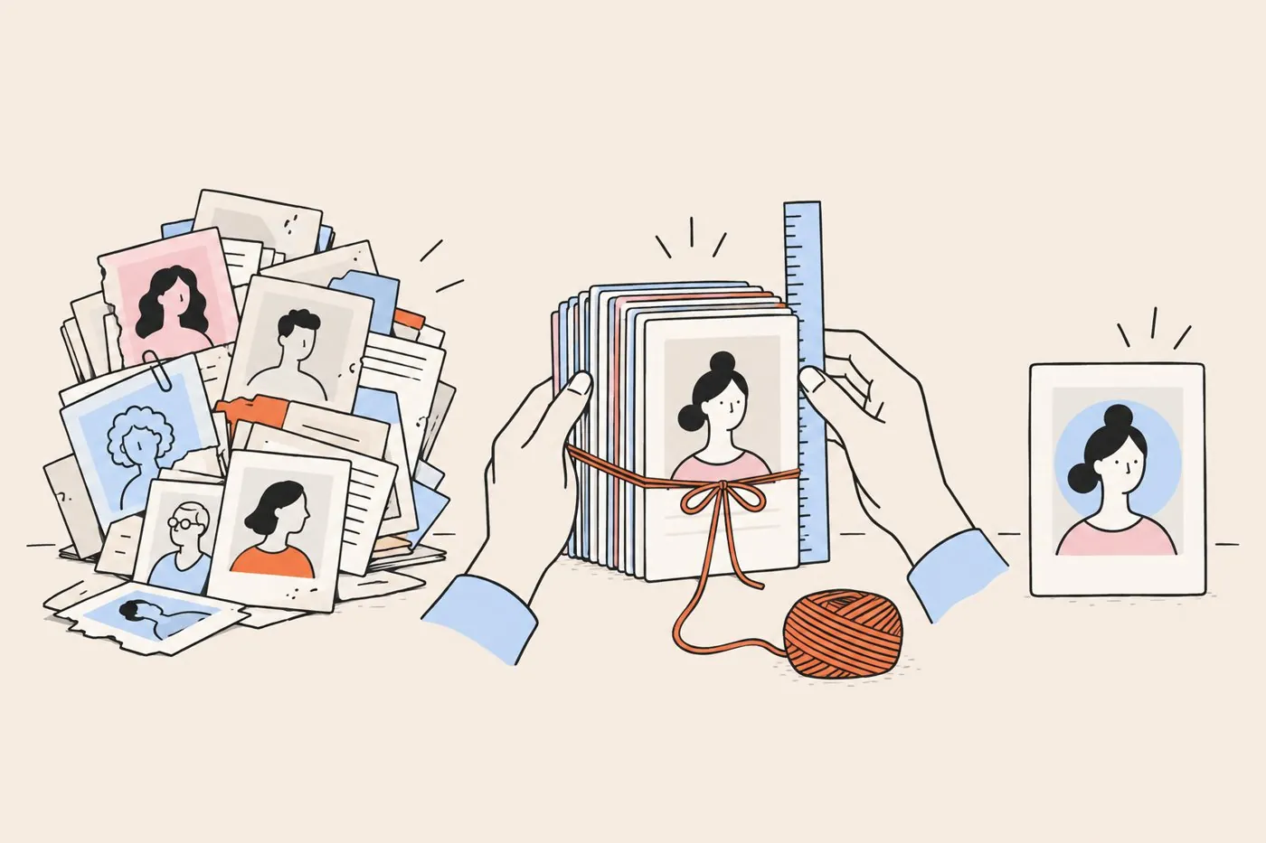 A messy pile of mismatched profile cards next to hands tying them into one neat matching stack beside a single verified portrait