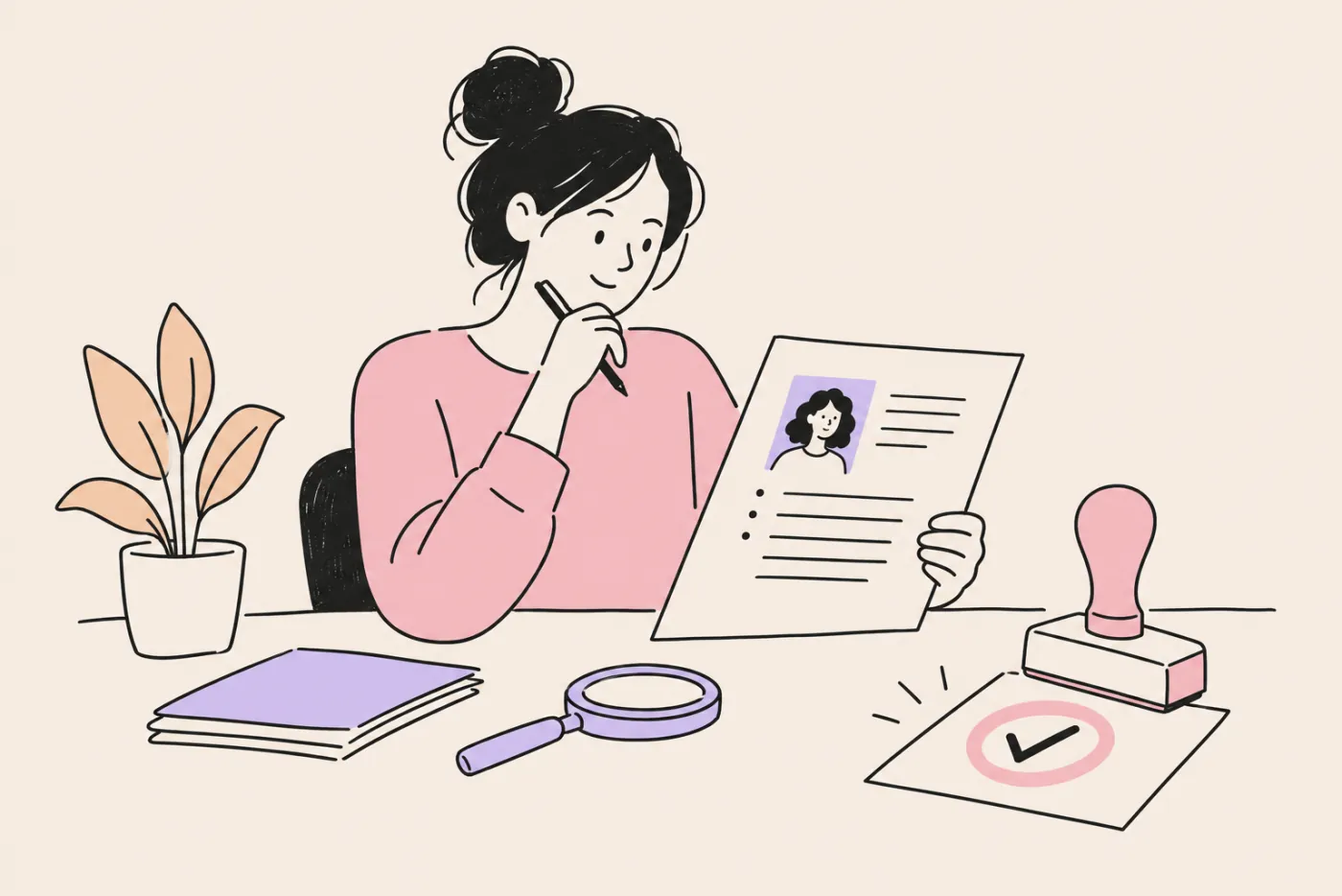 A woman at her desk reading a printed bio with a pen in hand, an approval stamp with a check mark beside it
