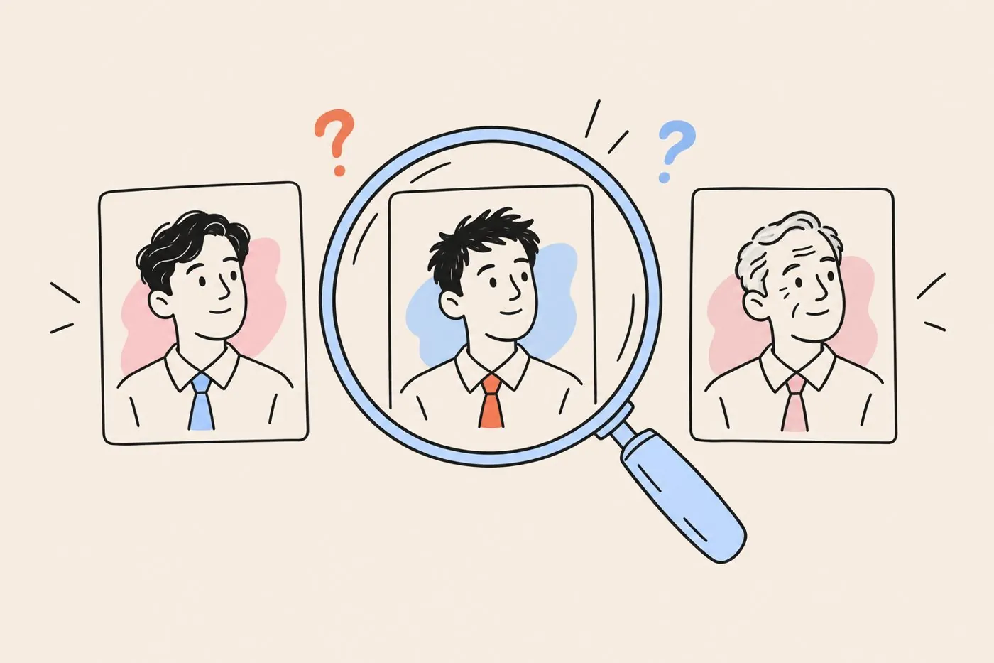 A magnifying glass over three slightly different portrait cards of the same person