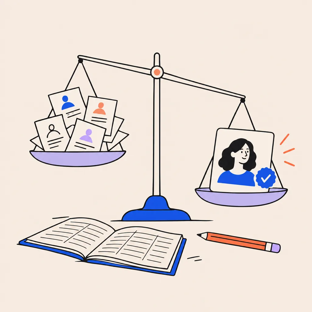 A balance scale with a pile of loose directory listings on one side outweighed by a single verified profile card on the other