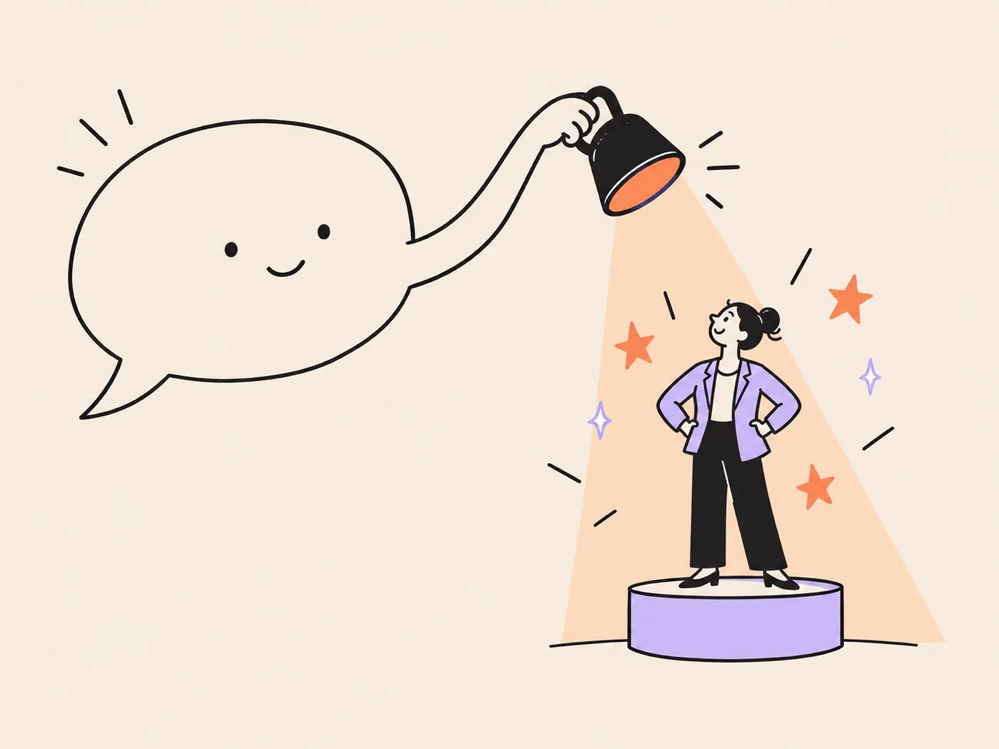 A friendly chat bubble pointing a spotlight at a professional on a podium