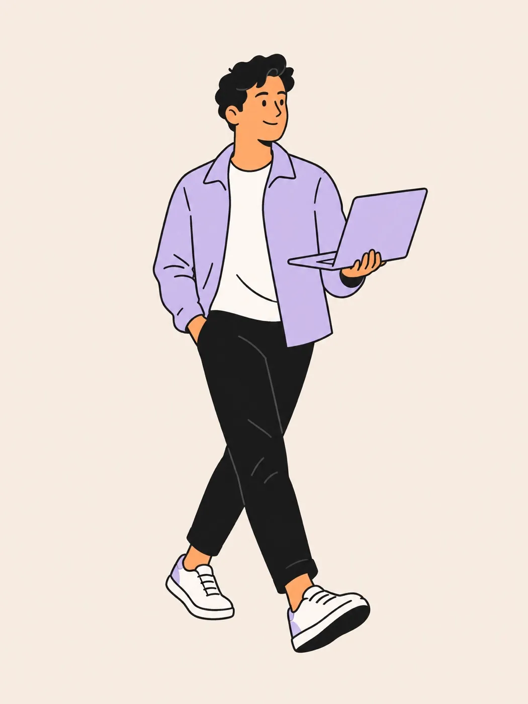 A founder walking with an open laptop