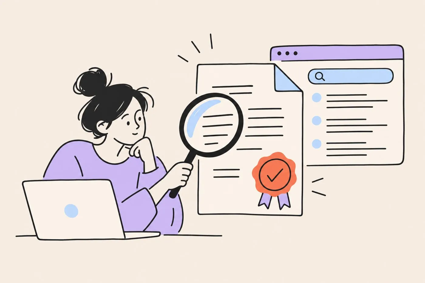 A prospect at a laptop inspecting an official sealed record with a magnifying glass, a search window open behind it