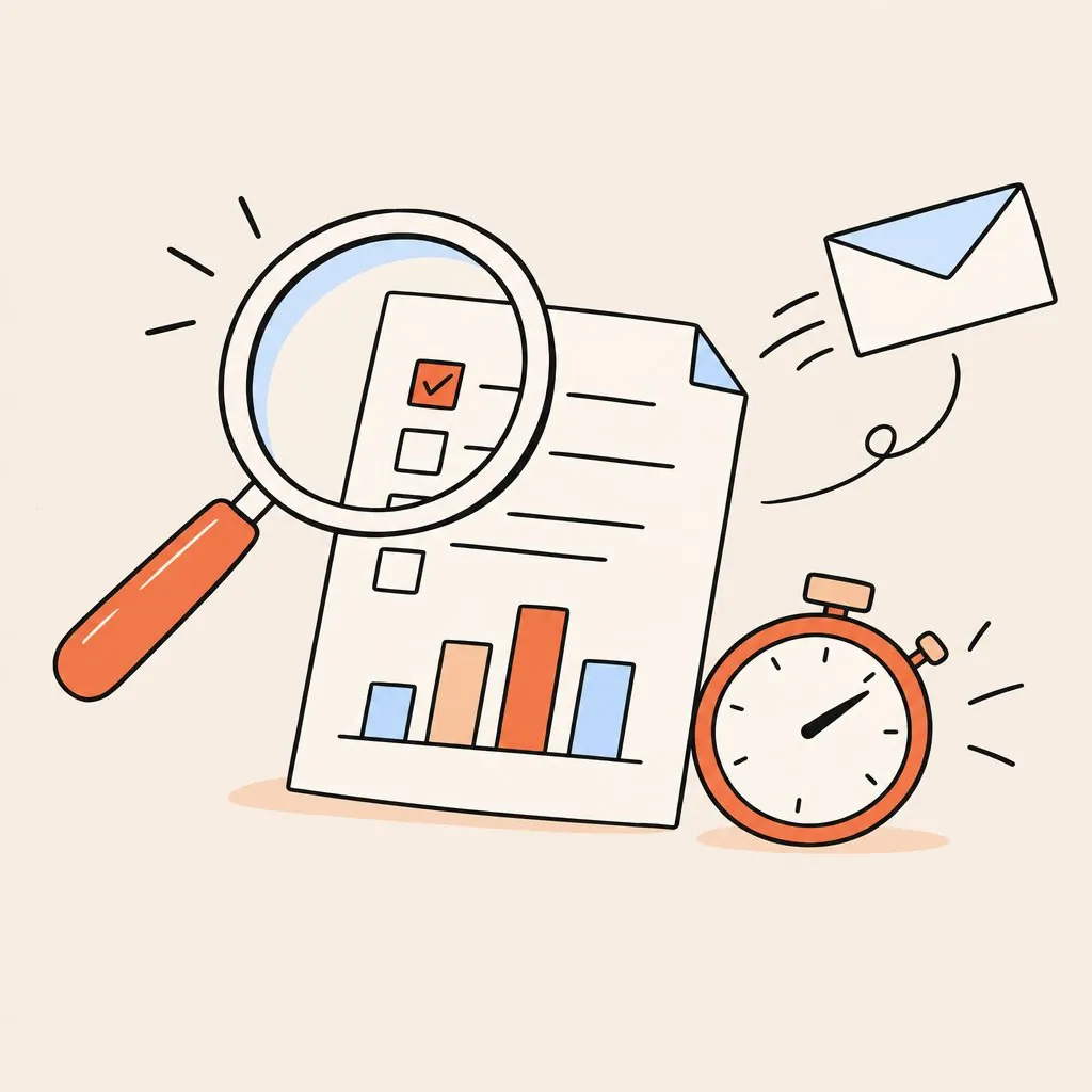 A magnifying glass over a report with checkboxes and a chart, a stopwatch and an envelope flying off
