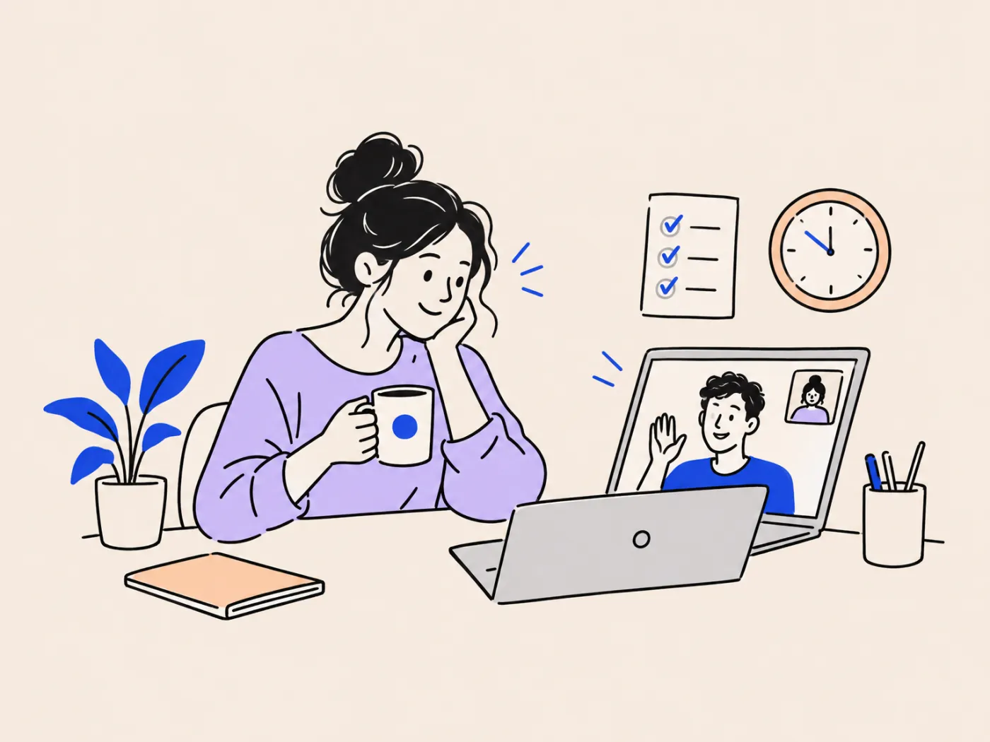 A client with a coffee on a short, friendly video call with a strategist, a checklist with three ticks on the wall