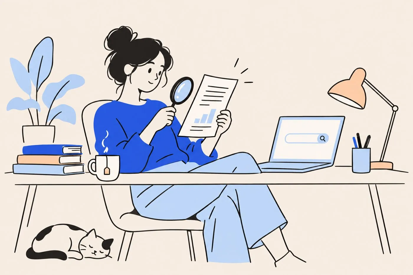 An author at her desk beside a stack of her books, reading a one-page report with a magnifying glass