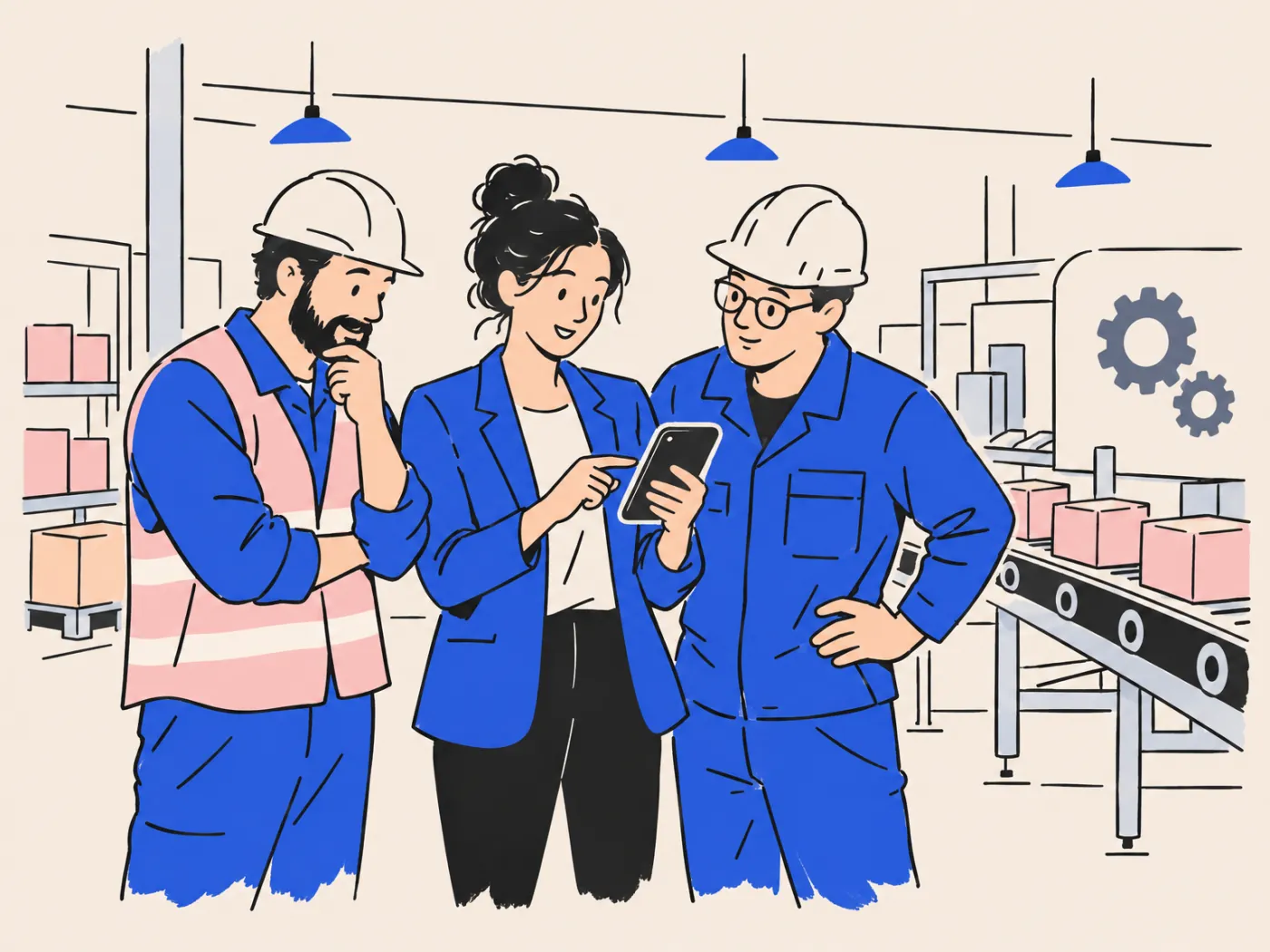 A business coach and two factory managers reviewing an AI answer on a phone on a manufacturing floor