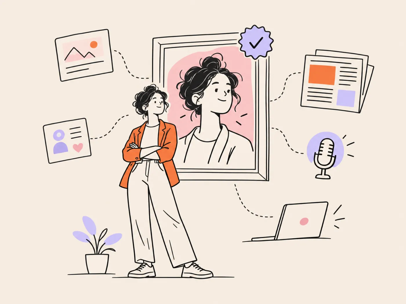 A founder standing beside a framed portrait of themselves with a verification seal, linked by dotted lines to a profile card, a newspaper, a microphone and a laptop