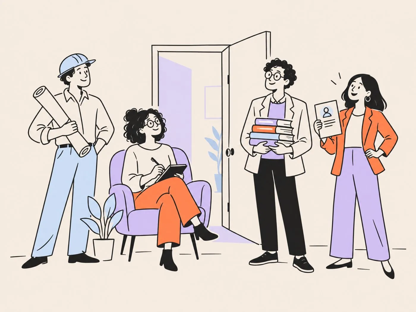 An architect with a blueprint, a therapist in an armchair, an academic holding books and a recruiter with a resume, gathered by an open door