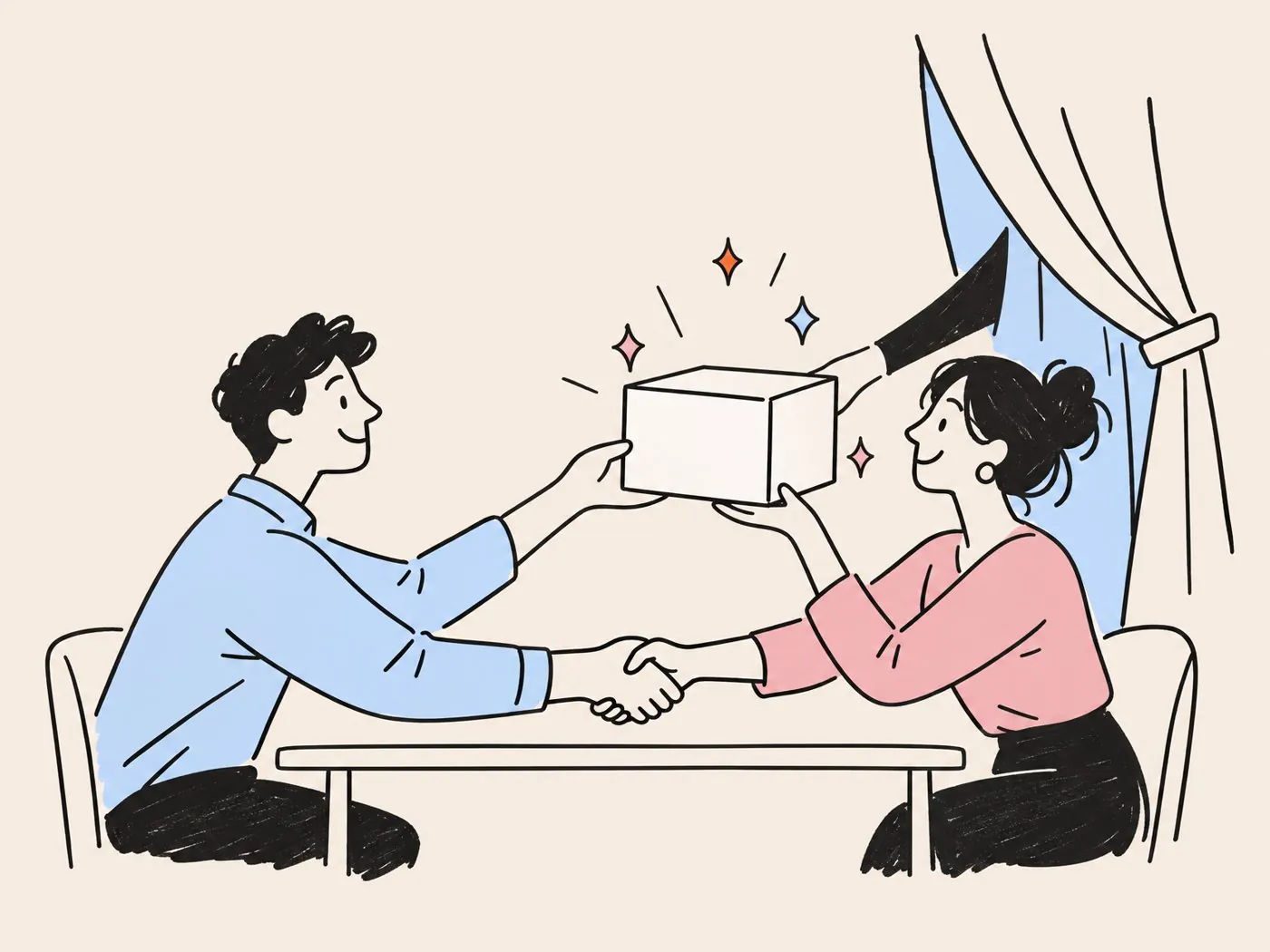 Two people shaking hands across a table while passing an unbranded box, suggesting white-label partnership