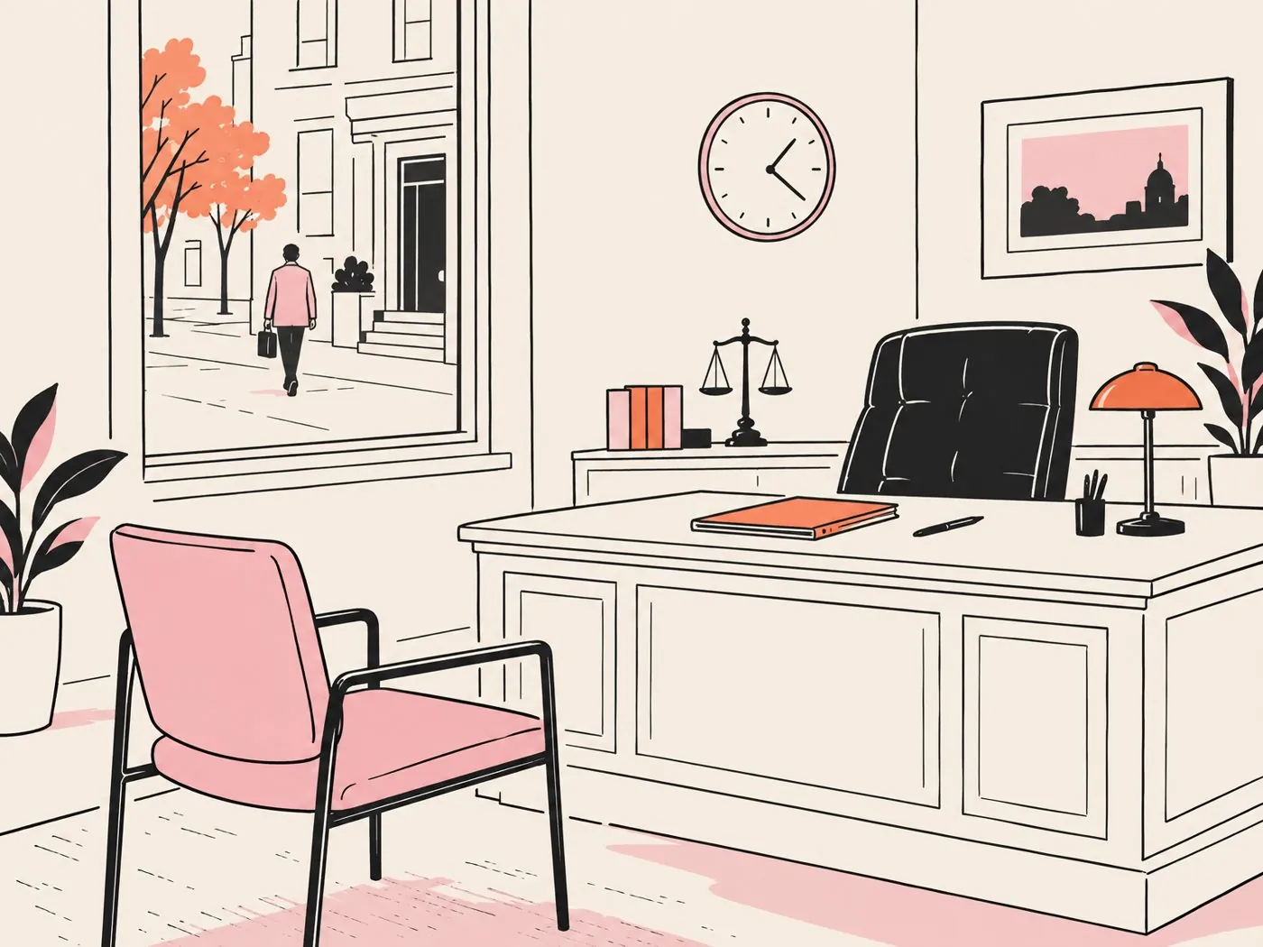 An empty client chair facing a lawyer's desk while, through the window, a figure walks toward another office