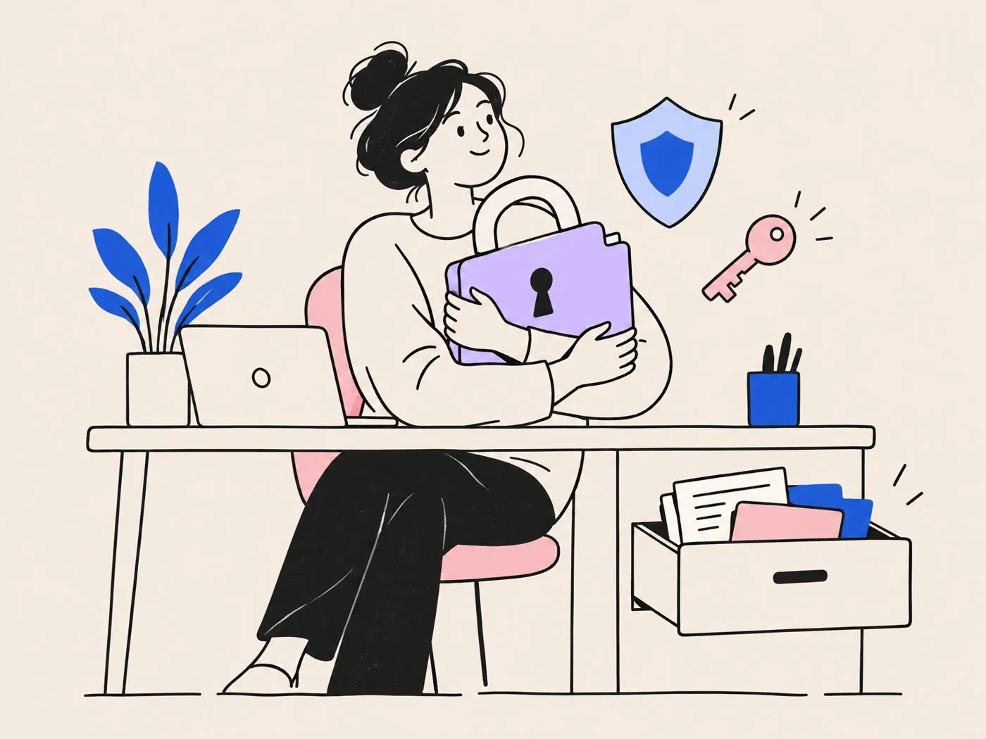 A woman at her desk hugging a padlocked folder, with a shield and a key floating nearby