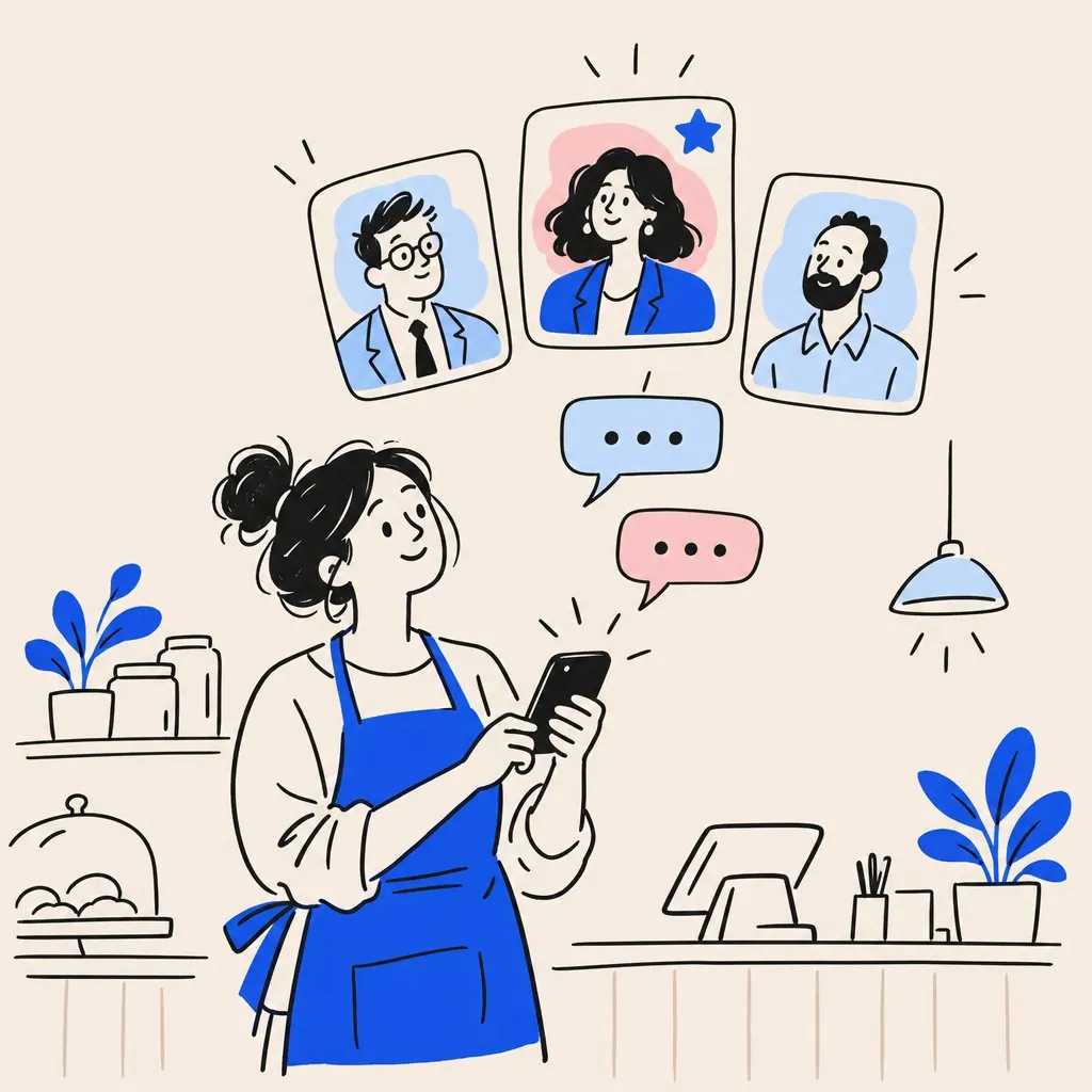 A shop owner asking a question on her phone while three accountant portraits float above, one marked with a star