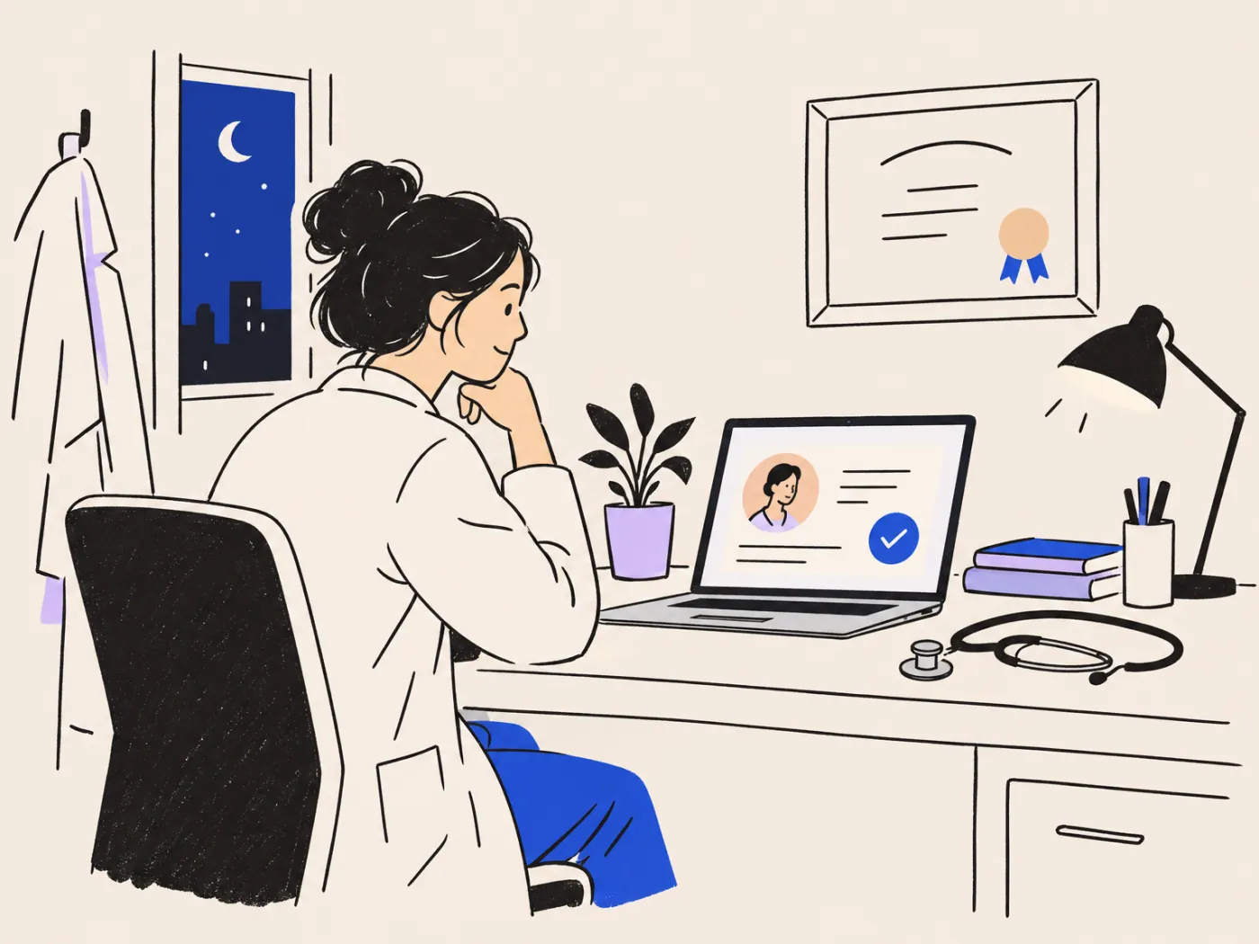 A specialist at her clinic desk after hours, looking at a laptop that shows her verified profile