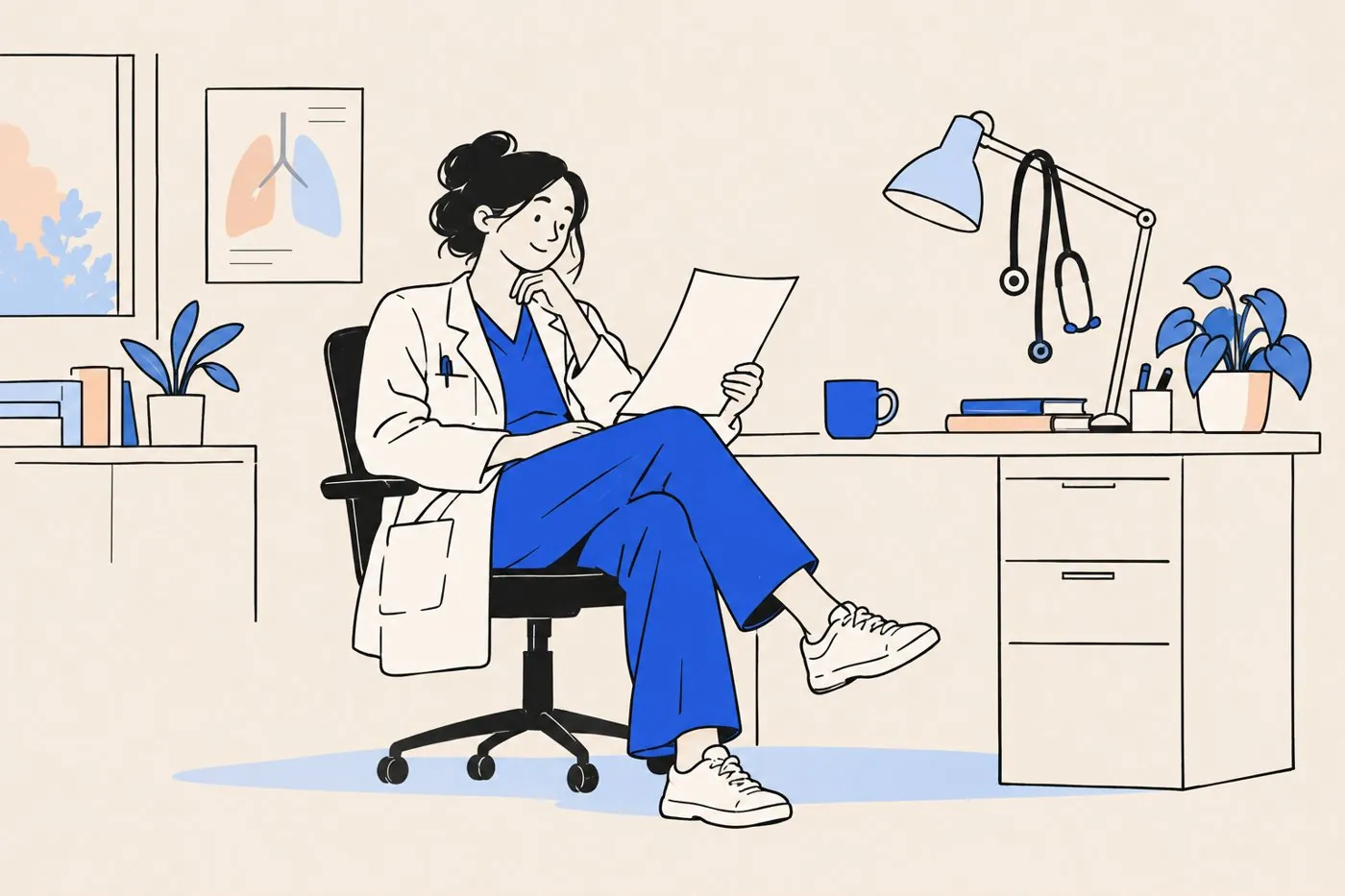 A doctor relaxing in an office chair after clinic, reading a one-page report