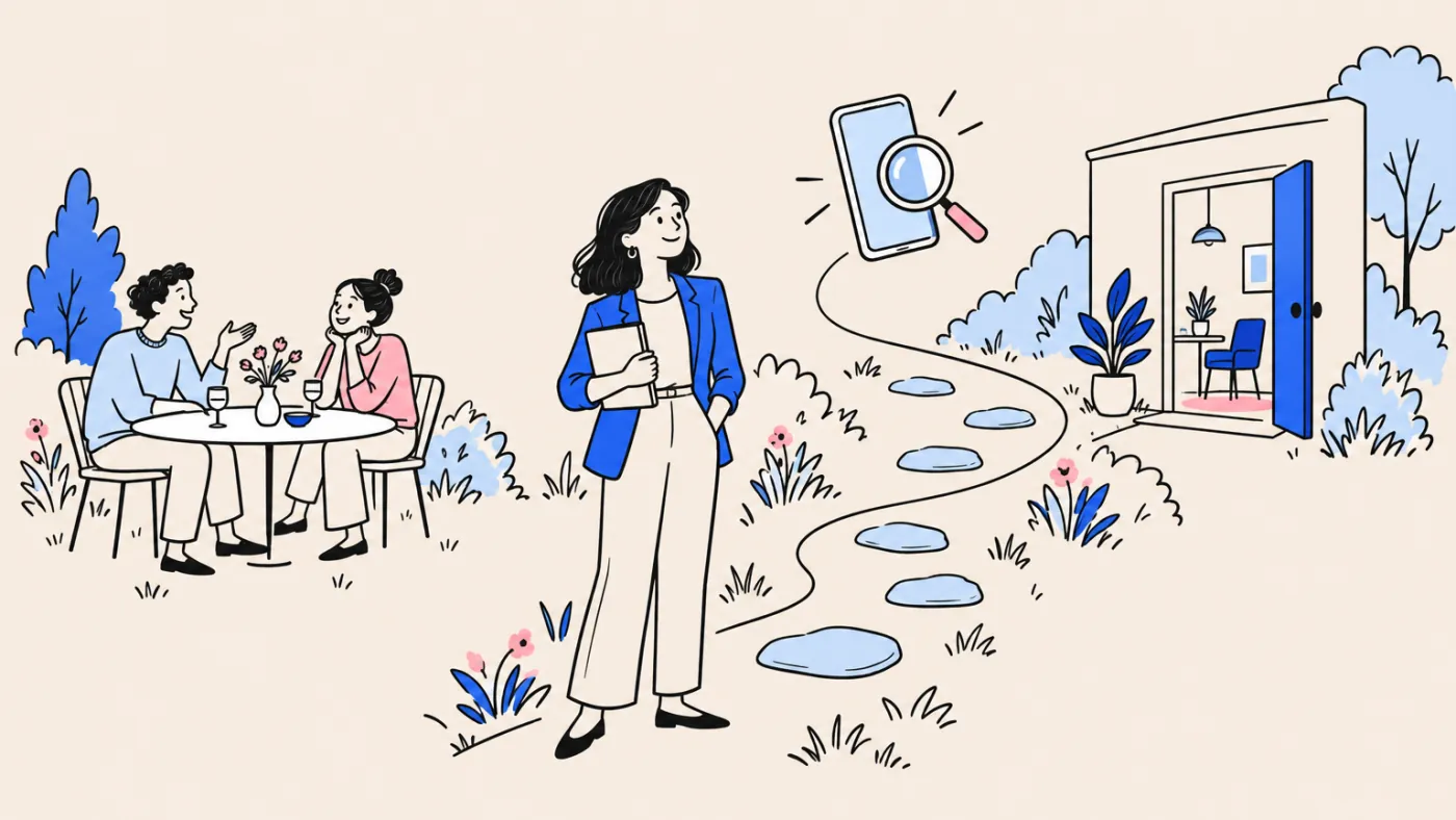 Two friends at a garden dinner table, an advisor standing on a stepping-stone path that leads past a phone with a magnifying glass to an open office door