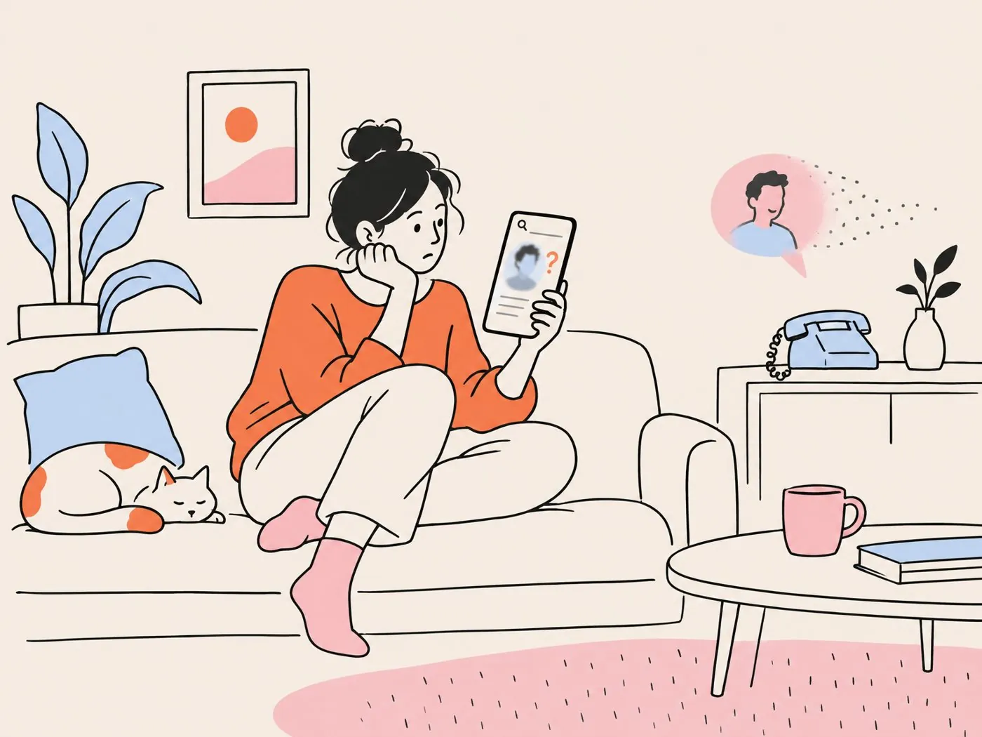 A woman on a sofa frowning at a search result on her phone while the telephone beside her stays silent