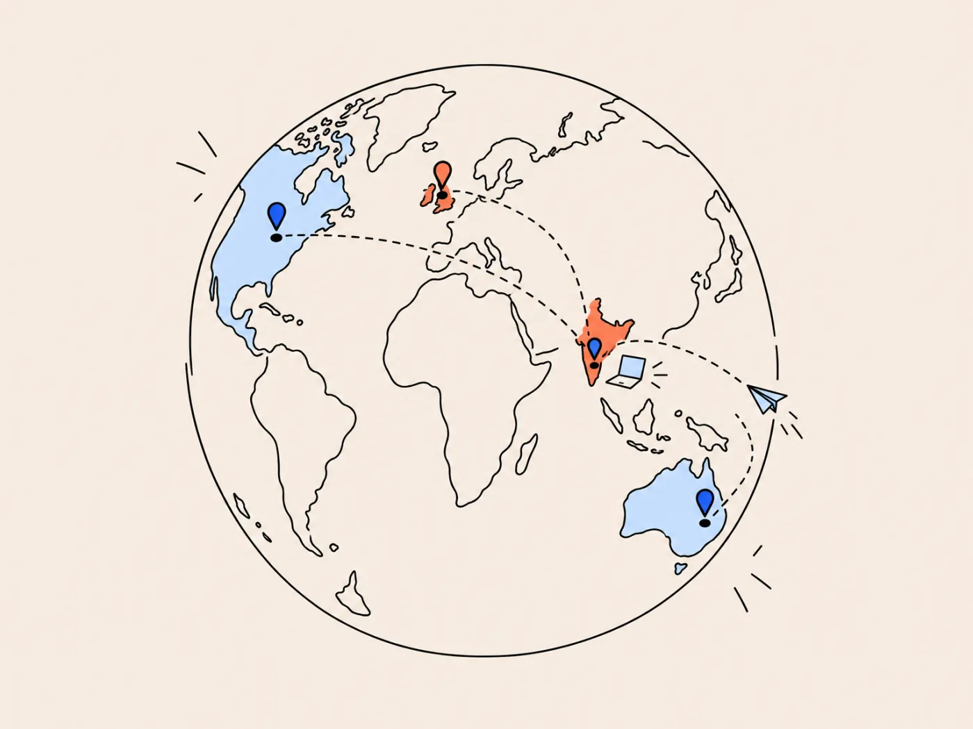 Hand-drawn globe with dotted paths running from Kerala in India to pins in the United States, the United Kingdom and Australia