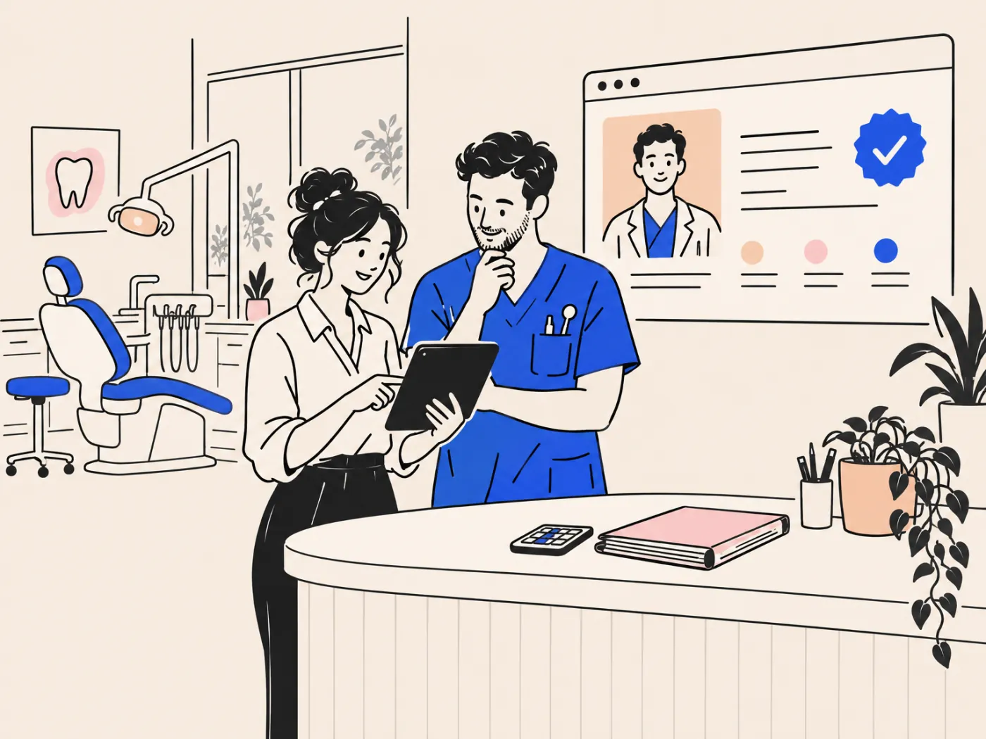An accountant reviewing a tablet with a dentist client in his clinic, a verified profile panel on the wall behind them