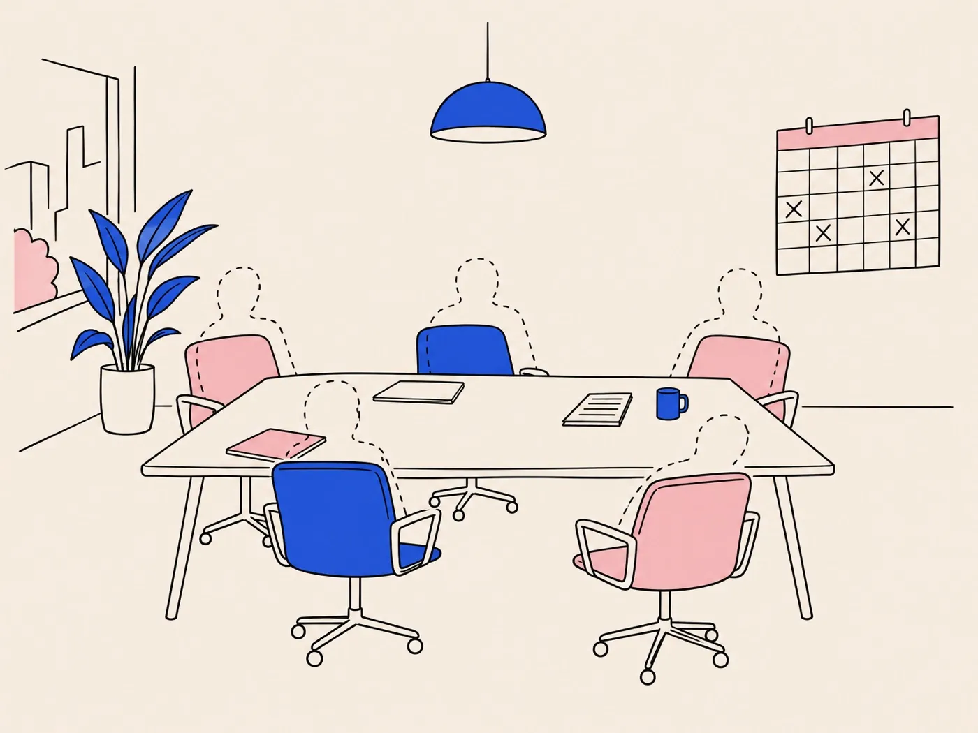 Empty meeting chairs with faint outlines of people who never came