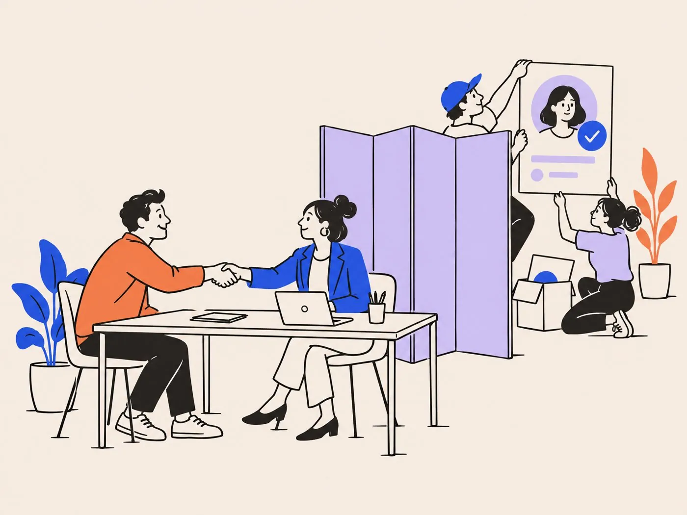 An agency owner shaking hands with a client while, behind a folding screen, a small crew assembles a verified profile card