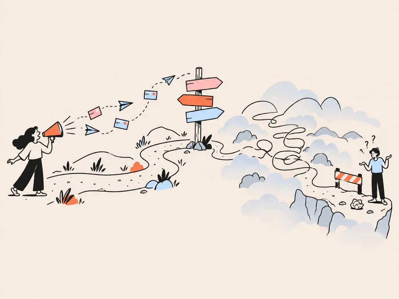 Posts and paper planes travel along a path toward a signpost, then the path dissolves into fog and a dead end