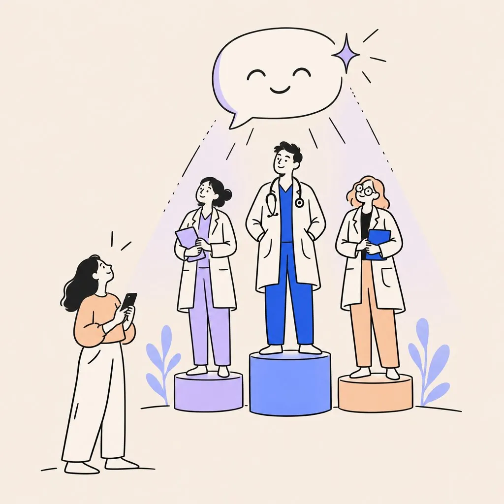 A chat bubble shining a light on three doctors on podiums while a patient with a phone looks up