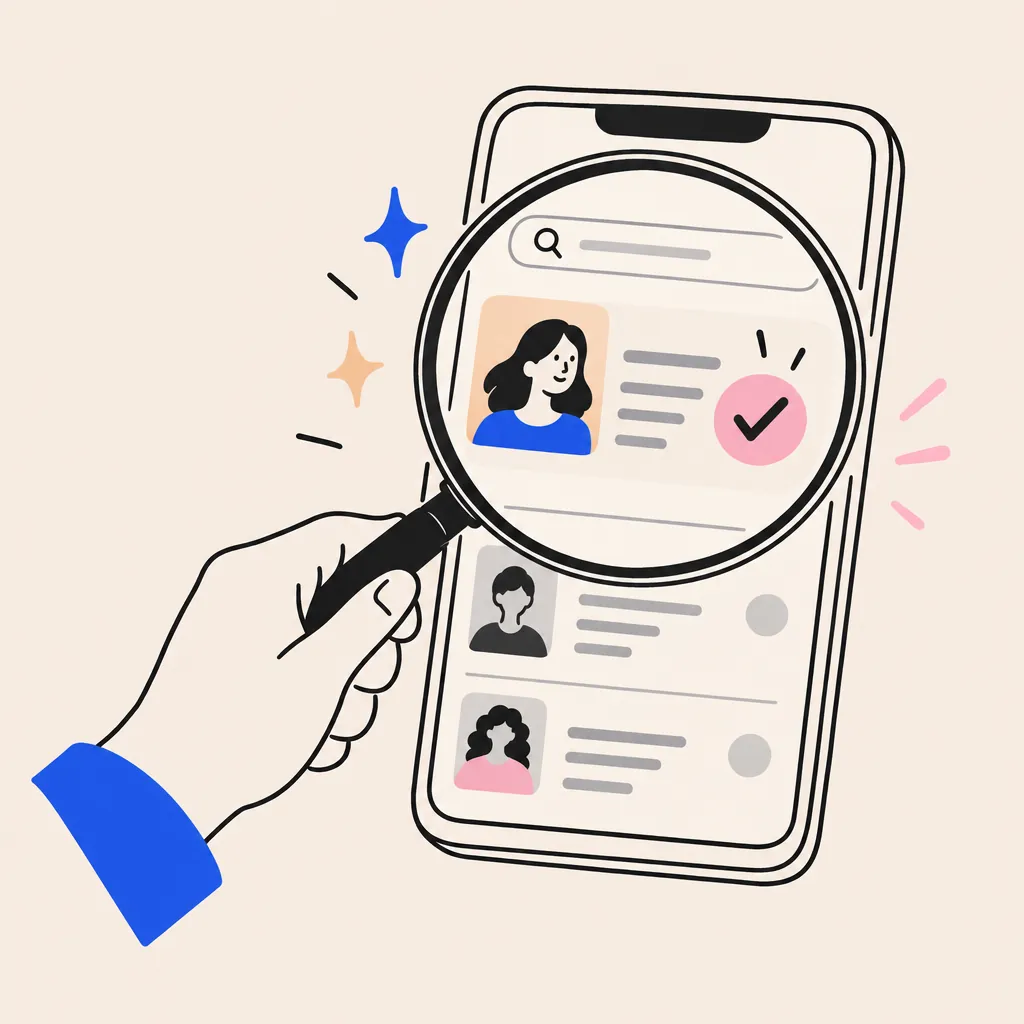 A magnifying glass over a phone showing a confirmed search result