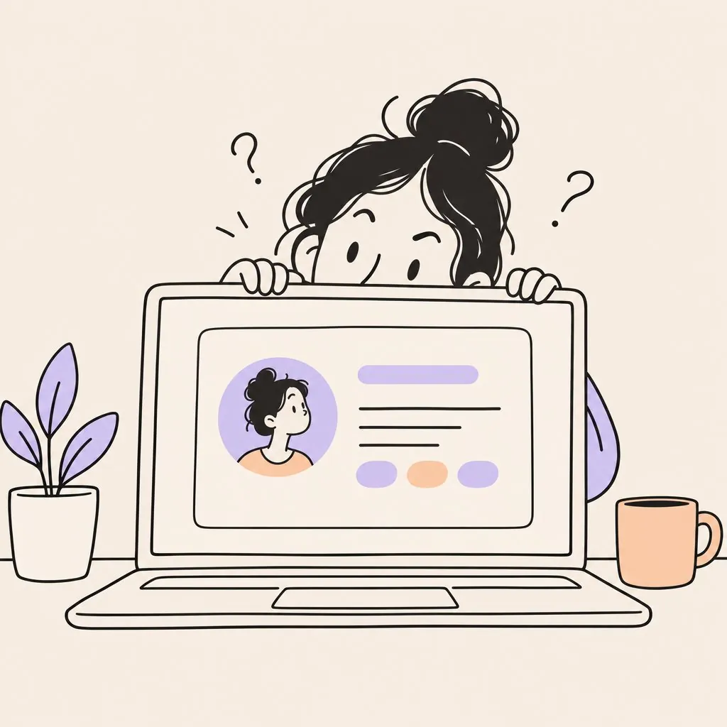 A person peeking over the top of a laptop at their own profile card on the screen, looking surprised