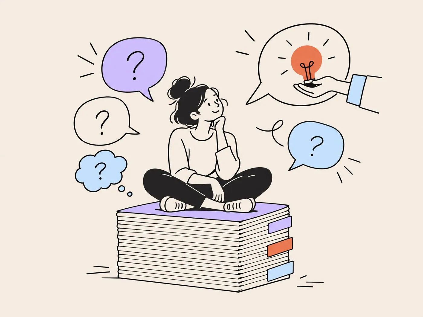 A curious person sitting on a stack of index cards surrounded by question bubbles, one answered with a lightbulb