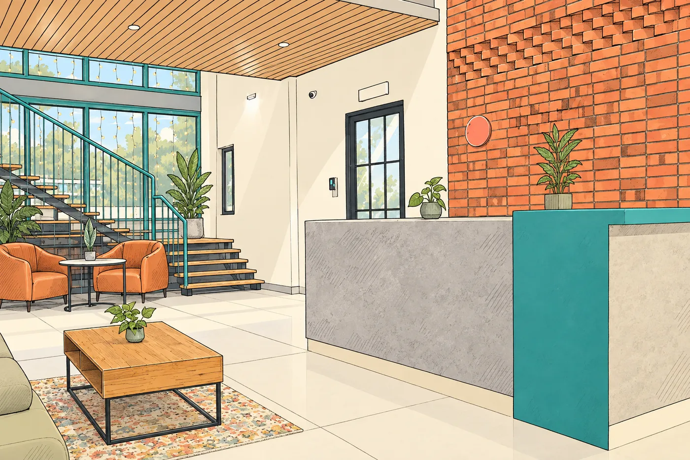 Illustration of the DotVisible reception: a red brick feature wall, a concrete and teal front desk, leather armchairs and a teal-railed staircase