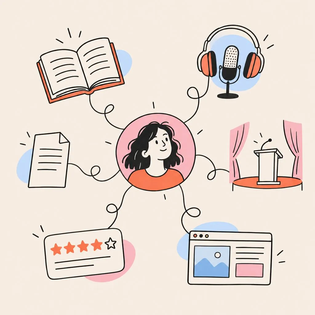 A portrait linked by looping lines to a book, a podcast microphone, a stage and a web page