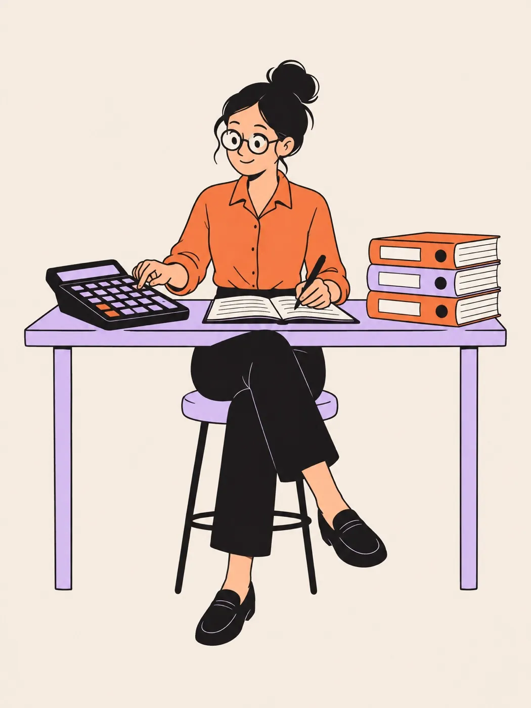 An accountant with a desk calculator and ledgers