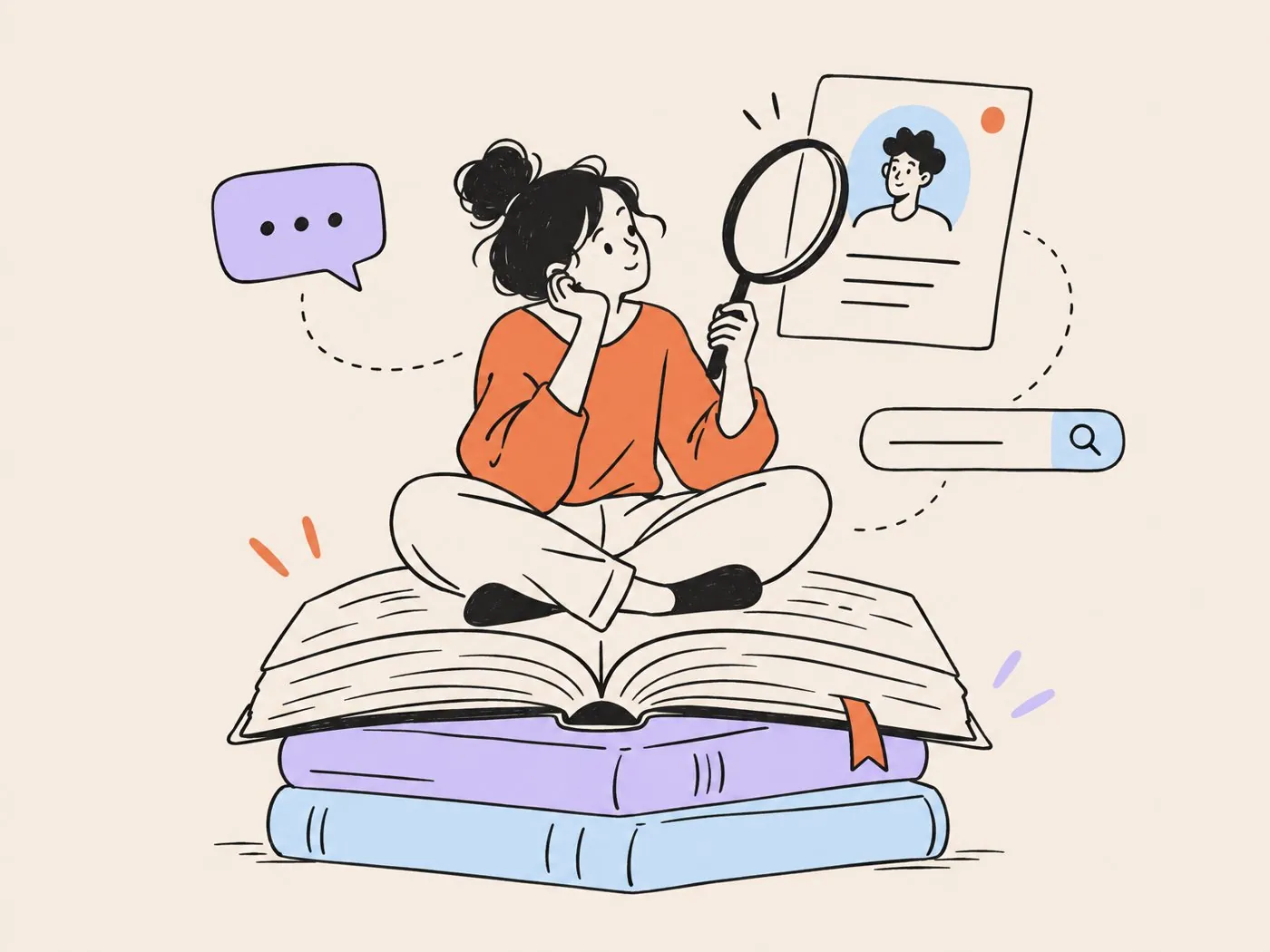 A professional sitting on a stack of books, studying a profile card through a magnifying glass while a chat bubble and search bar float nearby